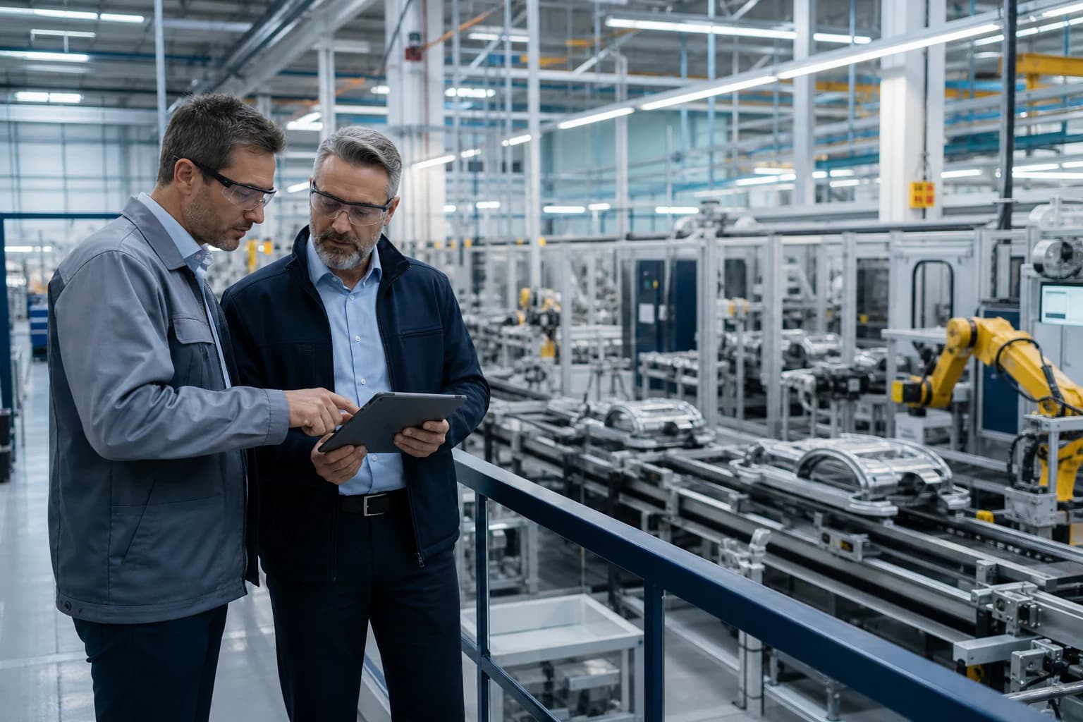 Operations manager and technology consultant reviewing production performance